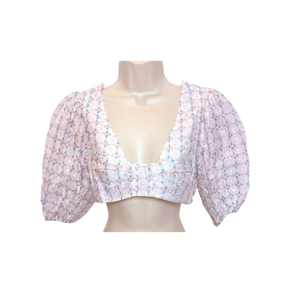 For Love And Lemons Puff Sleeve Embroidered Crop Top NWT - Size M - Picture 2 of 9